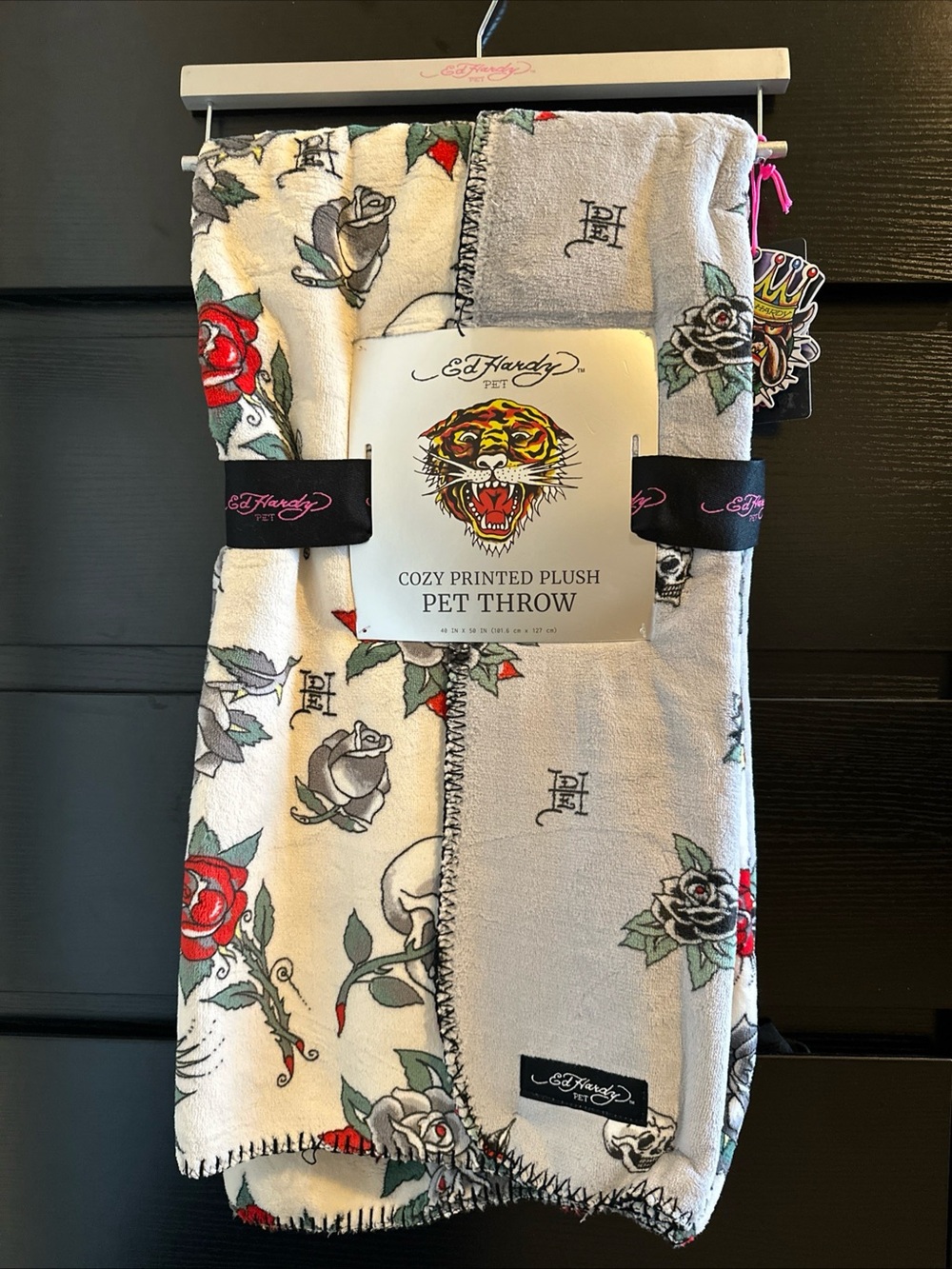 Ed Hardy Throw Blanket in White with Red and Gray Rose Motifs